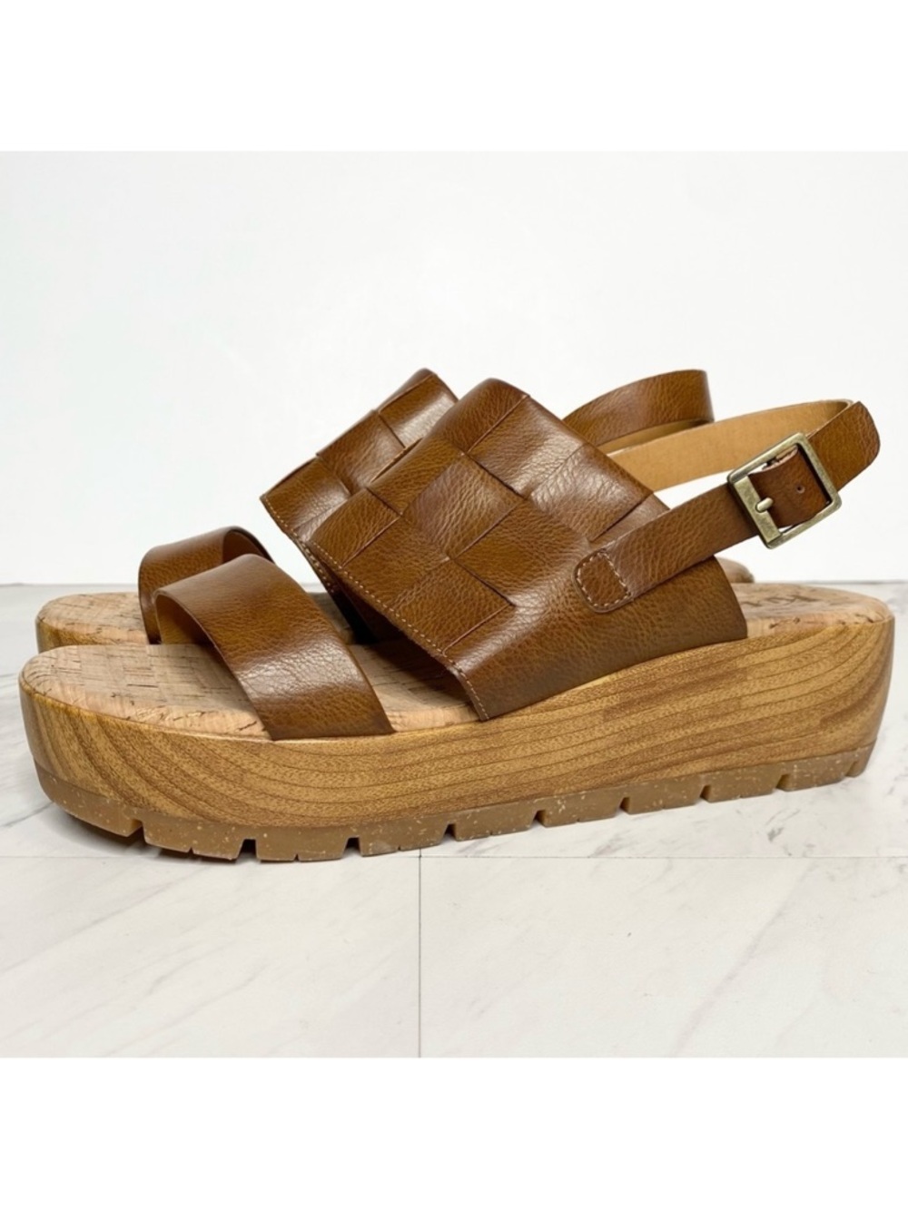 New! Korks Kork Ease Fraya Brown Faux Leather Platform Wedge Sandal 11M